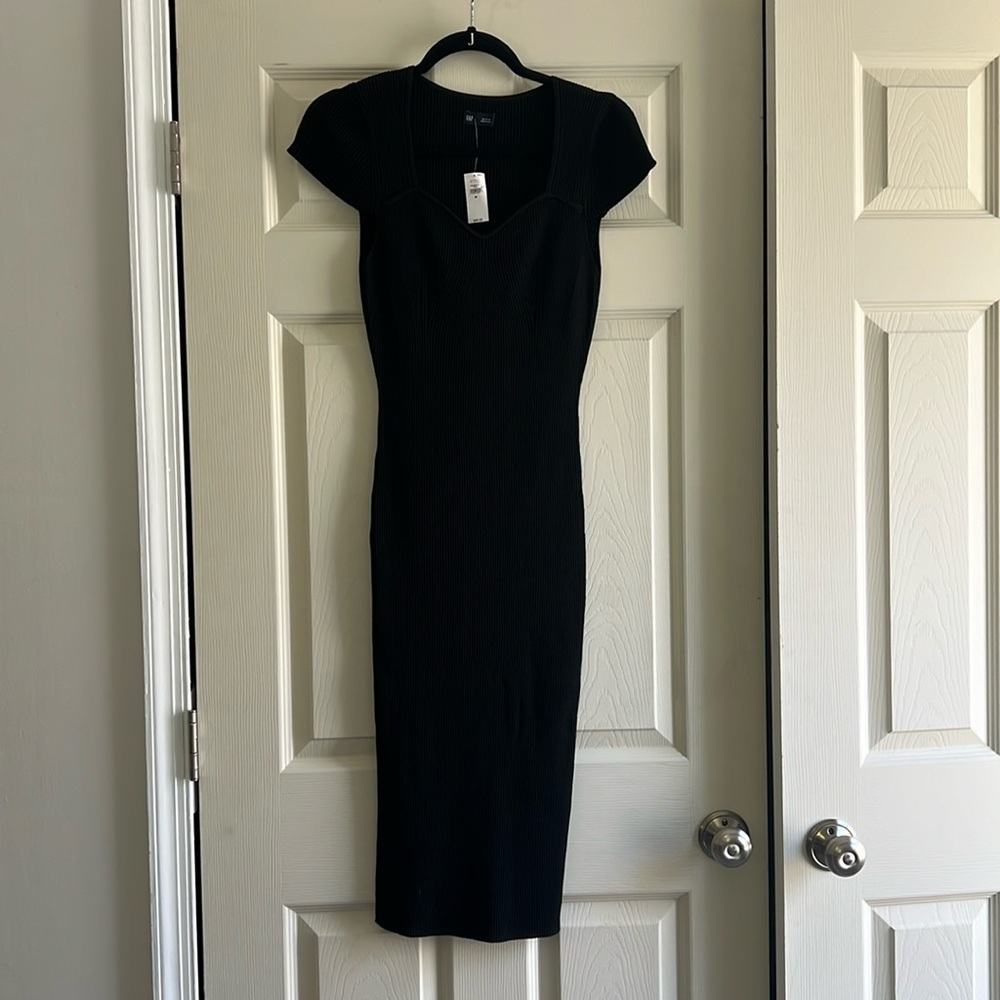 Gap Ribbed Black Midi Dress, Sweetheart Neckline